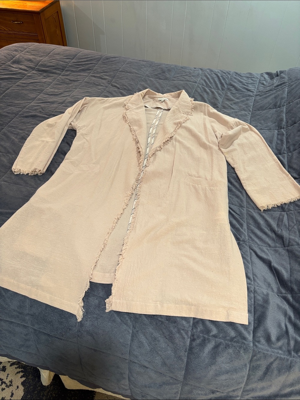Shabby Chic Moon River Beige Open-Front Frayed Trim Jacket